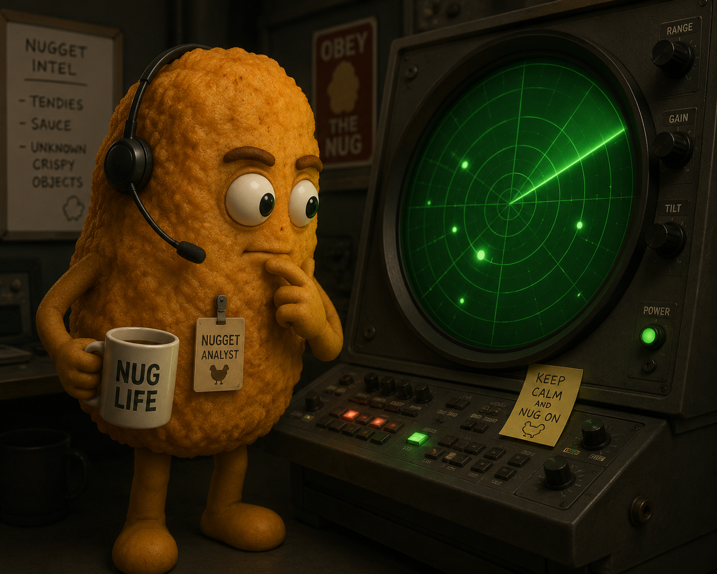 Rush Radar — A chicken nugget analyst monitoring event intelligence on a radar screen